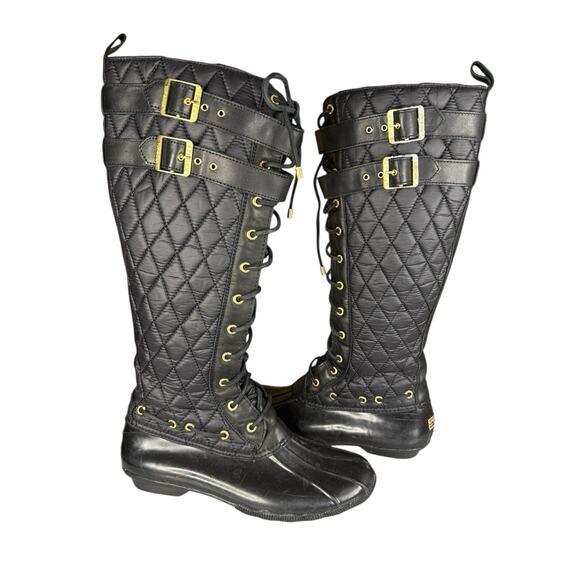 Sperry Top-Sider Tall Quilted Lace-Up Boots Black Gold Hardware Women’s 9 - Picture 2 of 11